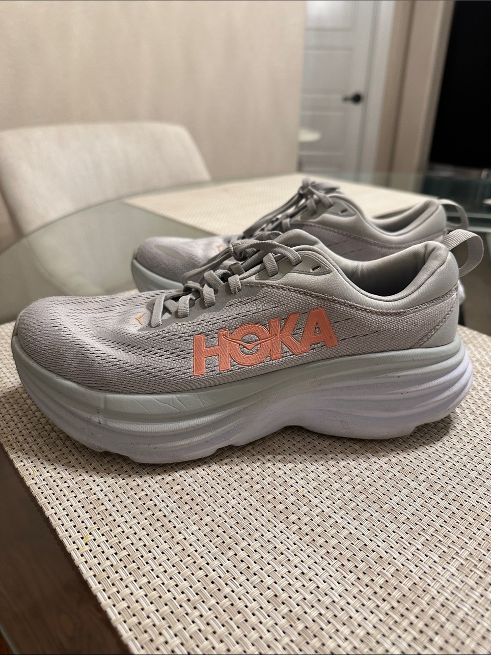 Hoka Women's Light Gray and Peach Athletic Running Shoes lightly used like new